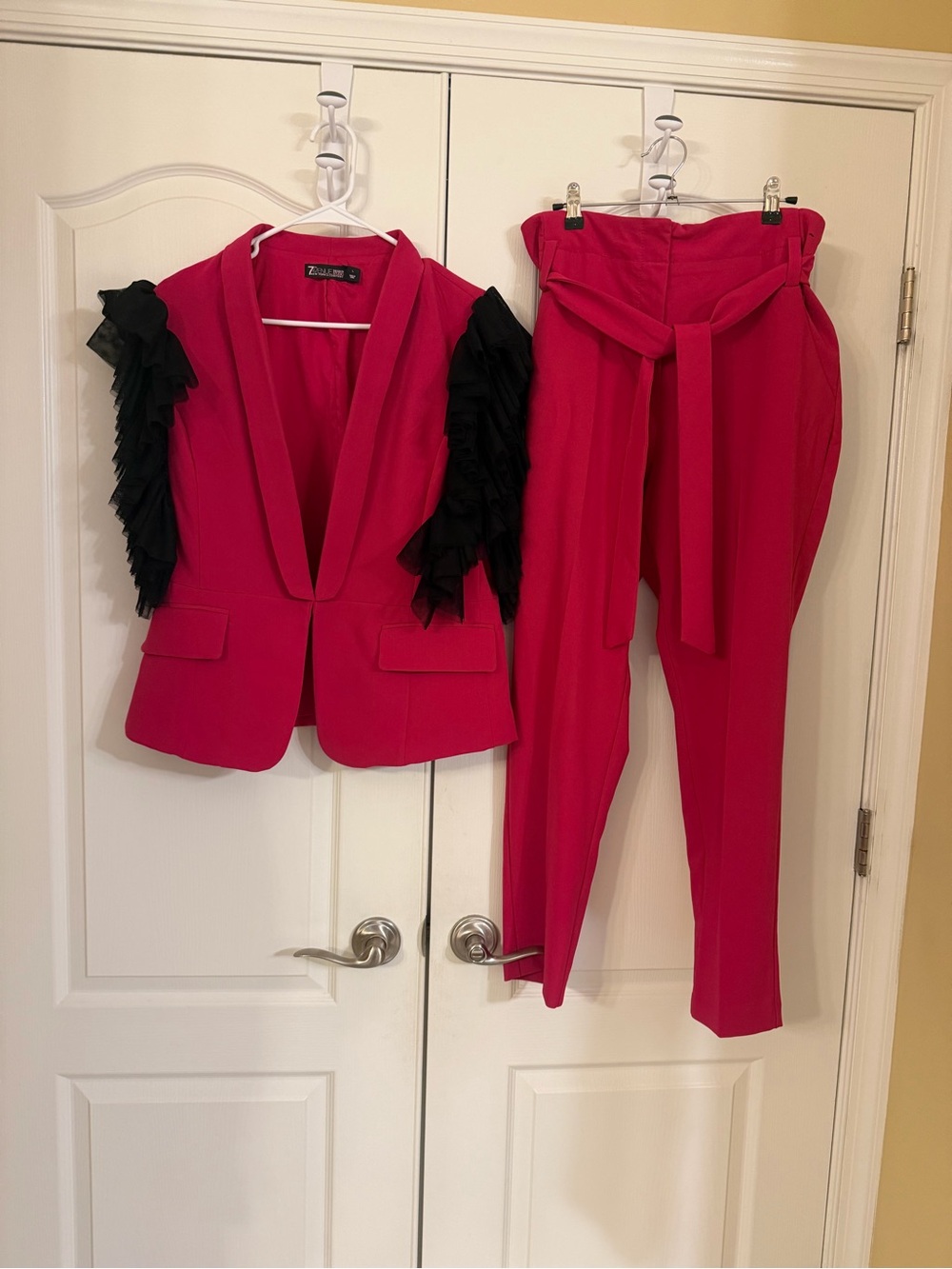 New York & Company Hot Pink Ruffle-Sleeve Blazer with Paperbag Waist beltedPants
